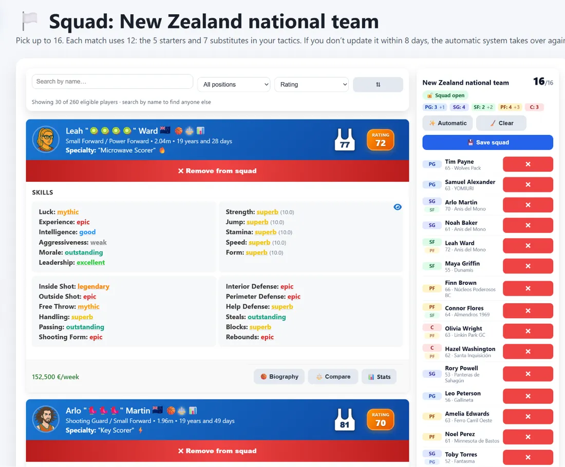 Squad selection screen for the New Zealand national team in MVP Basket, with the candidates and the 16 players called up