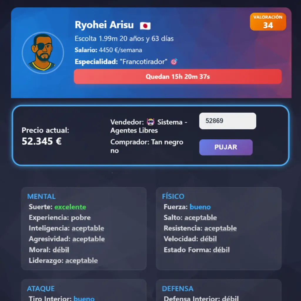 A player auction in the MVP Basket market with the current price, the time left and his attributes