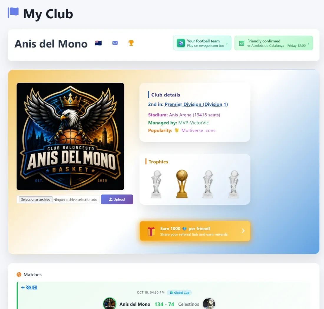 A club page in MVP Basket with its crest, club details, trophy cabinet and matches